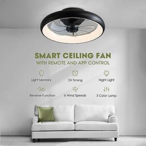 LUDOMIDE Ceiling Fans with Lights, 20" Flush Mount Ceiling Fan with Remote & APP Control, Black Low Profile Ceiling Fan with 6 Wind Speeds, Smart Dimmable LED Ceiling Fan for Bedroom, Living Room