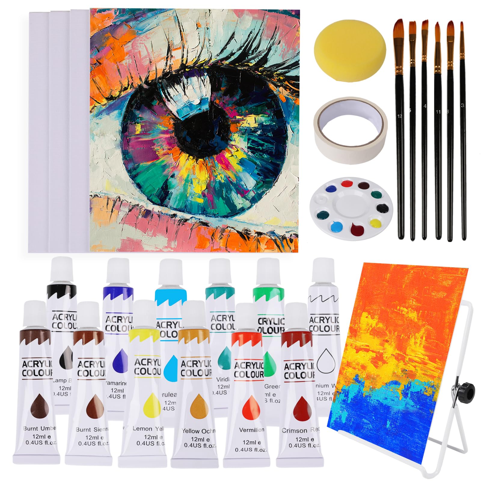 HTVRONT Acrylic Paint Set with 6 Paint Brushes & 4 Canvases, 12 Colors (12ml, 0.4oz), Table Easel, Art Supplies Paints Gifts for Artists Kids Beginners & Painters, Rock Painting Kit Crafts Supplies