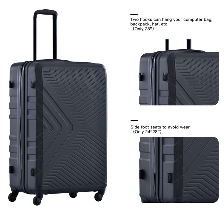 Tripcomp Luggage Sets Wear-Resistance Hardside Lightweight Suitcase Double Spinner Wheels, TSA Lock,Two Hooks, Scratch-resistant Carry-on, 3 Piece Set(20/24/28) (Jet black)