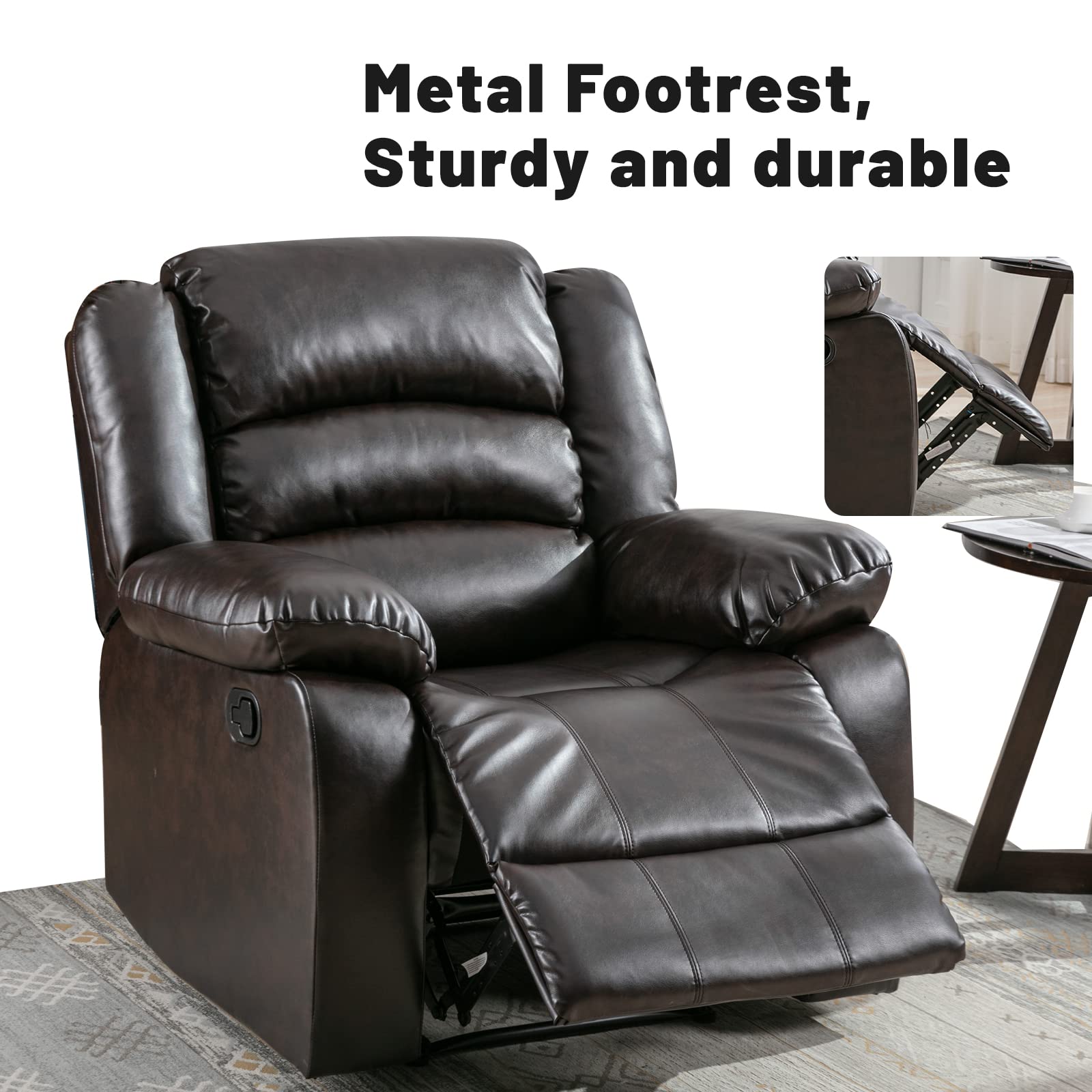 ANJ Manual Recliner Chair, Breathable Faux Leather Reclining Chairs with Overstuffed Arm and Back, Living Room Single Sofa Recliners (Dark Brown)