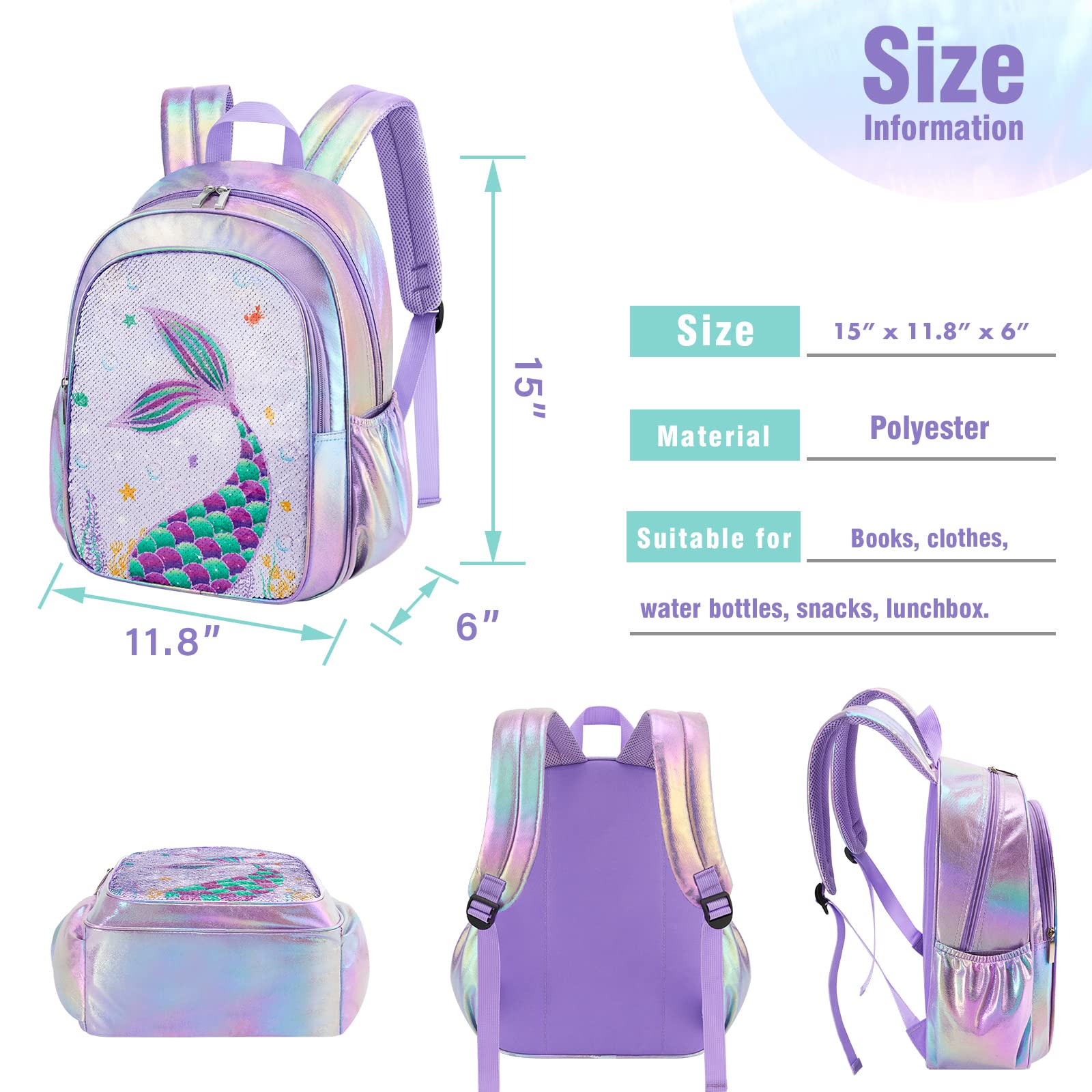 WAWSAM Mermaid Kids Backpack - Sparkly Sequins Backpack for Girls Purple School Bag Personalized 15” Backpack for School Elementary Travel Casual Book Bag for Christmas Birthday Back to School Gift