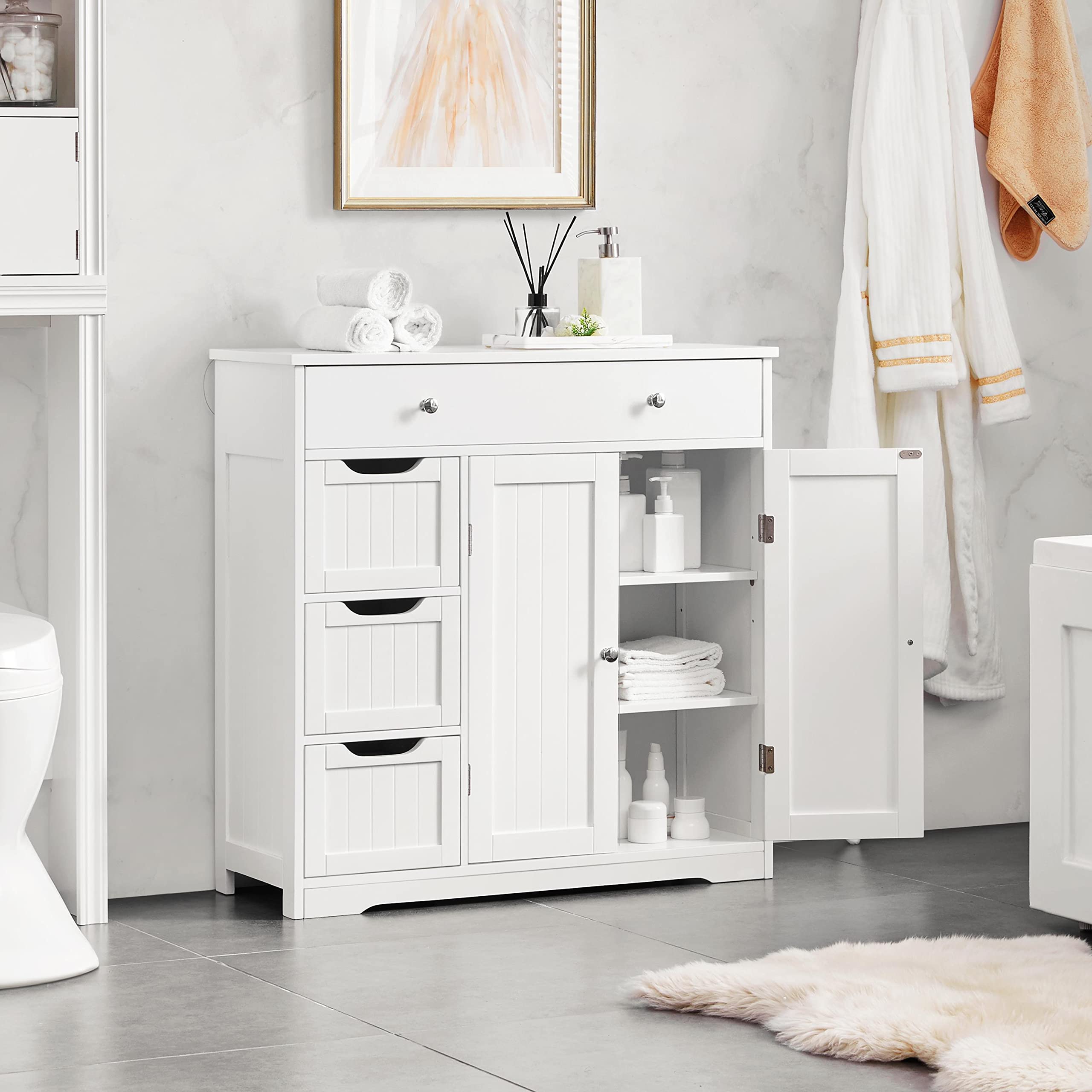 Topeakmart Bathroom Free-Standing Floor Cabinet, Practical Storage Cabinet with 4 Drawers and 2 Doors for Kitchen, Entrance Area, Living Room, Adjustable Shelves, Ample Space White