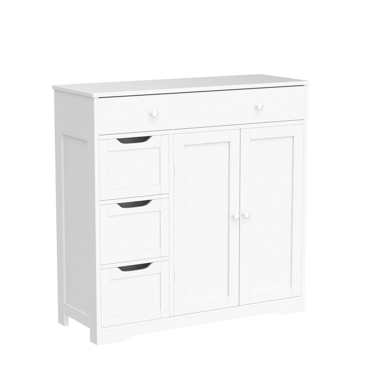 Topeakmart Bathroom Free-Standing Floor Cabinet, Practical Storage Cabinet with 4 Drawers and 2 Doors for Kitchen, Entrance Area, Living Room, Adjustable Shelves, Ample Space White