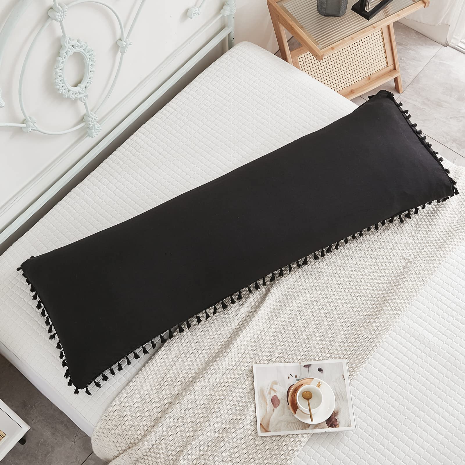 Black Body Pillow Cover Boho Body Pillowcase with Pocket Closure Shabby Chic Tassel Fringed Bohemian Bedroom Decor Decorative Pillowcases for Sofa Bed(Body, Black)