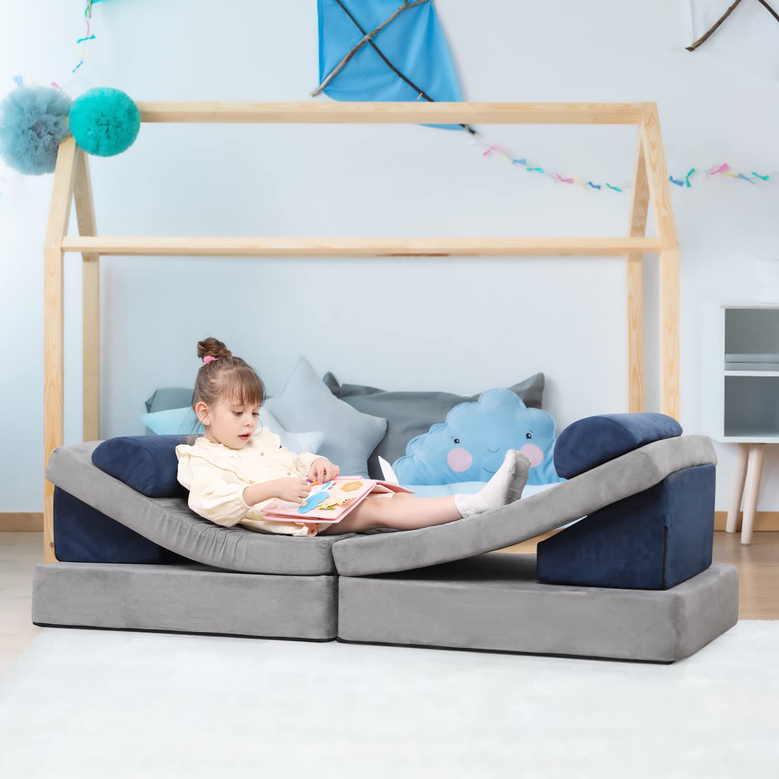 Annualring Kids Play Couch, 9 pcs Toddler Couch Sofa for Kids Imaginative Furniture Play Set for Creative Kids,Toddler to Teen Bedroom Furniture, Climbing Floor Cushion Foam Play Couch Indoor Outdoor