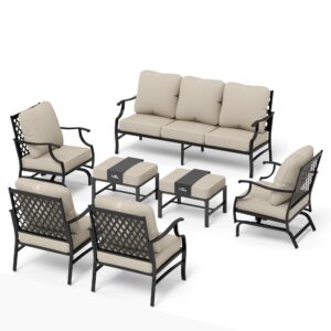 MIXPATIO Patio Furniture Set 7 pcs, Outdoor Patio Furniture, 3-Seat Sofa, 2 Single Chairs, 2 Rocking Chairs, 2 Ottomans and 5.75" Extra Thick Cushion, Patio Conversation Set for Backyard Deck,Beige