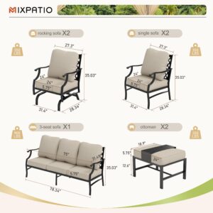 MIXPATIO Patio Furniture Set 7 pcs, Outdoor Patio Furniture, 3-Seat Sofa, 2 Single Chairs, 2 Rocking Chairs, 2 Ottomans and 5.75" Extra Thick Cushion, Patio Conversation Set for Backyard Deck,Beige