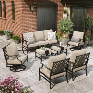 MIXPATIO Patio Furniture Set 7 pcs, Outdoor Patio Furniture, 3-Seat Sofa, 2 Single Chairs, 2 Swivel Chairs, 2 Ottomans and 5.75" Extra Thick Cushion, Patio Conversation Set for Backyard Deck,Beige