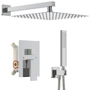 iriber 12 inch bathroom shower system polish chrome wall mounted square mixer shower faucet combo set with hand held rough-in valve rainfall shower and trim