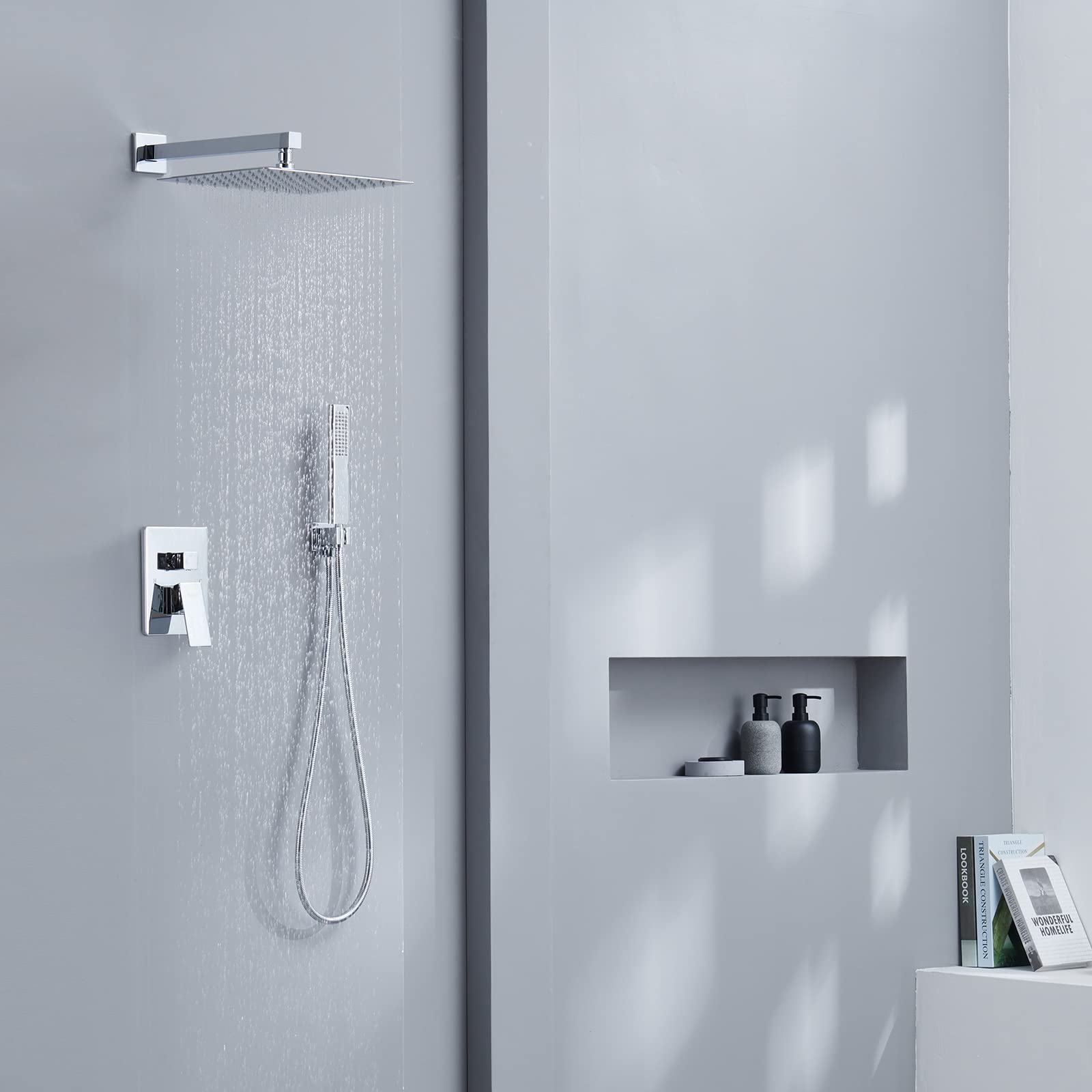 Iriber 12 Inch Bathroom Shower System Polish Chrome Wall Mounted Square Mixer Shower Faucet Combo Set with Hand Held Rough-in Valve Rainfall Shower and Trim