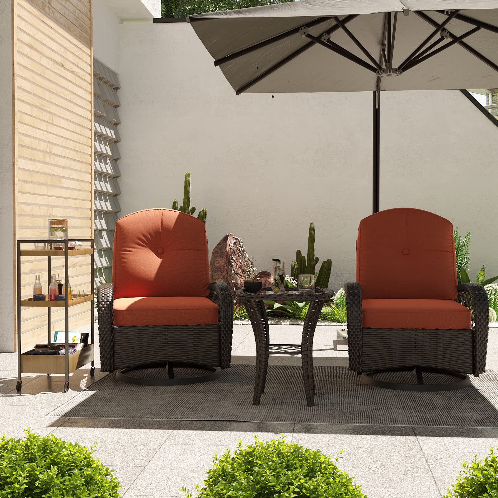 Apepro Patio Furniture Set,3 Pieces Outdoor Rocking Chair, Patio Wicker Chairs Set of 2,Patio Bistro Set with Premium Cushions and Coffee Table,Orange