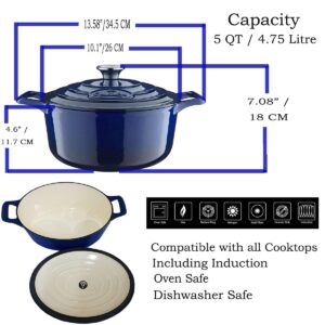 La Cuisine Enameled Cast Iron Dutch Oven Casserole Dish Pot with Lid, 5 QT 10.3” Dia. Cream White Enamel Interior 2-tone Sapphire Enamel Coating Exterior Oven-Safe