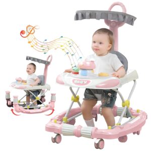 dingdong baby walker - 4 in 1 baby walker with wheels, variable rocking horse, walker for baby girl adjustable height (8-17in) and width, baby walkers for girls, foot pads/handles, portable foldable