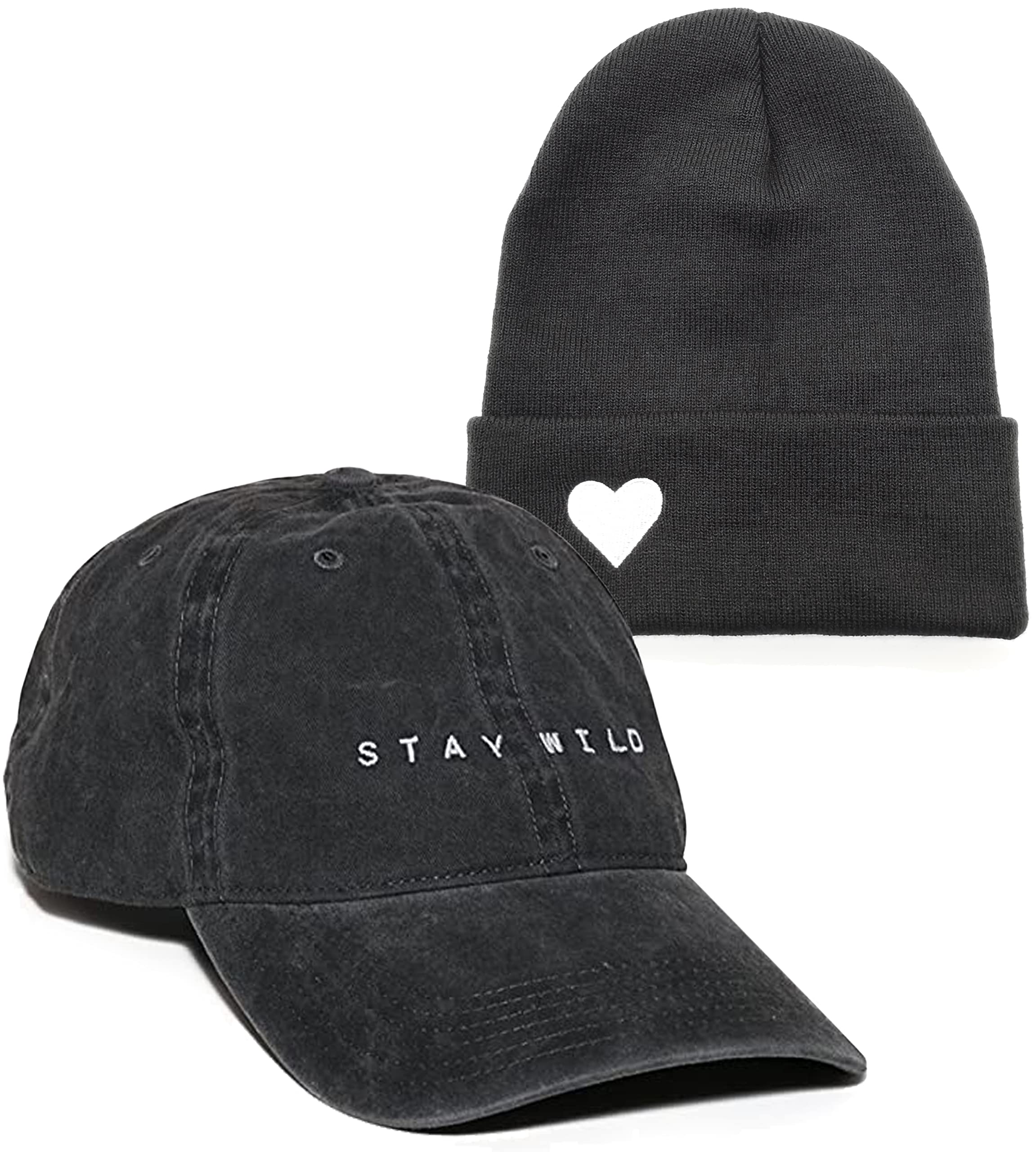 Atticus Poetry Dad Hat for Women (Stay Wild Black) and Cuffed Beanie for Women (Heart Dark Gray) - Unisex Fit, One Size