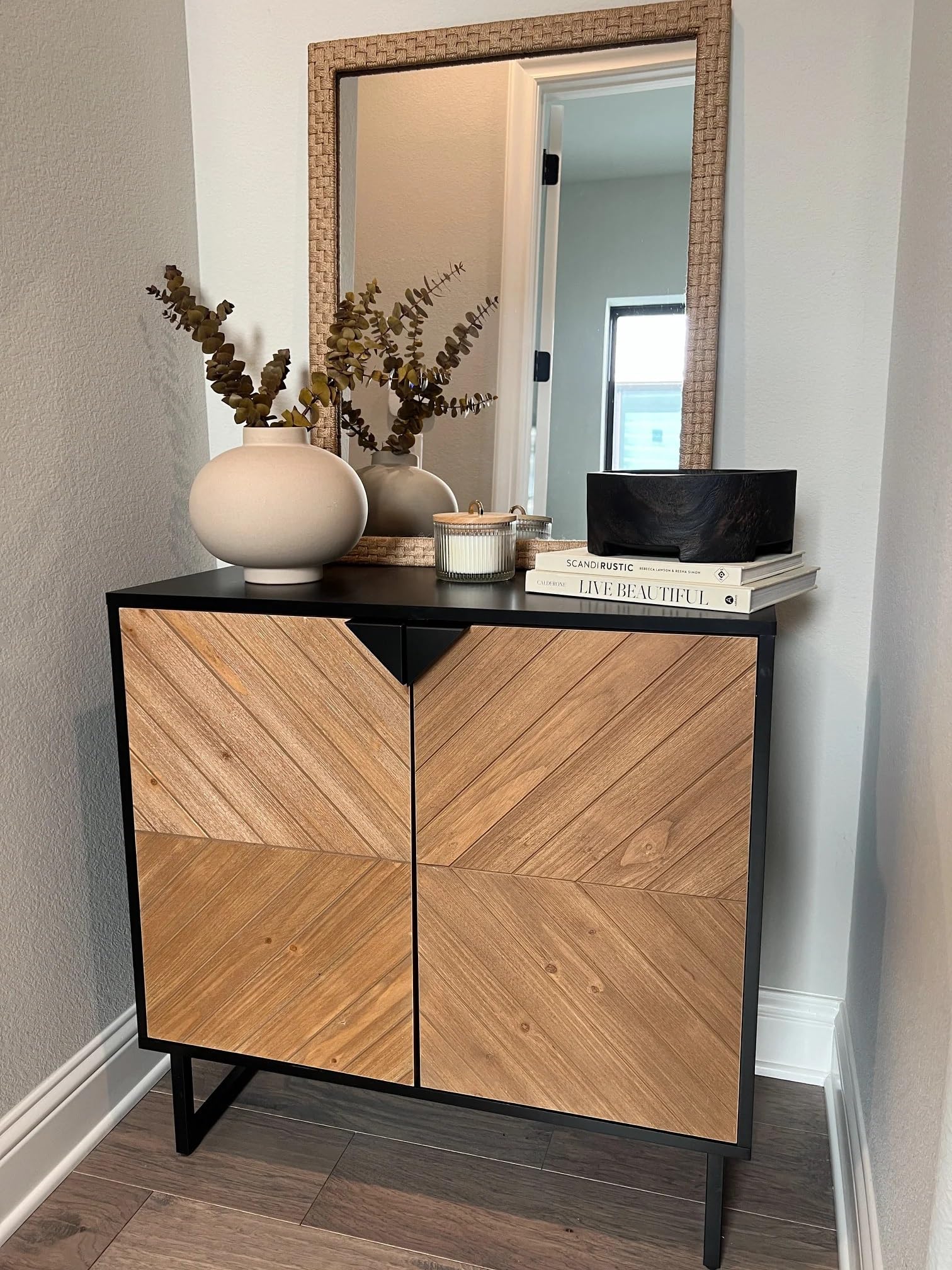 Nathan James Wood Accent Modern Free Standing Buffet Sideboard Hallway, Entryway, Dining Living Room, 1 Storage Cabinet, Enloe - Walnut Brown/Black