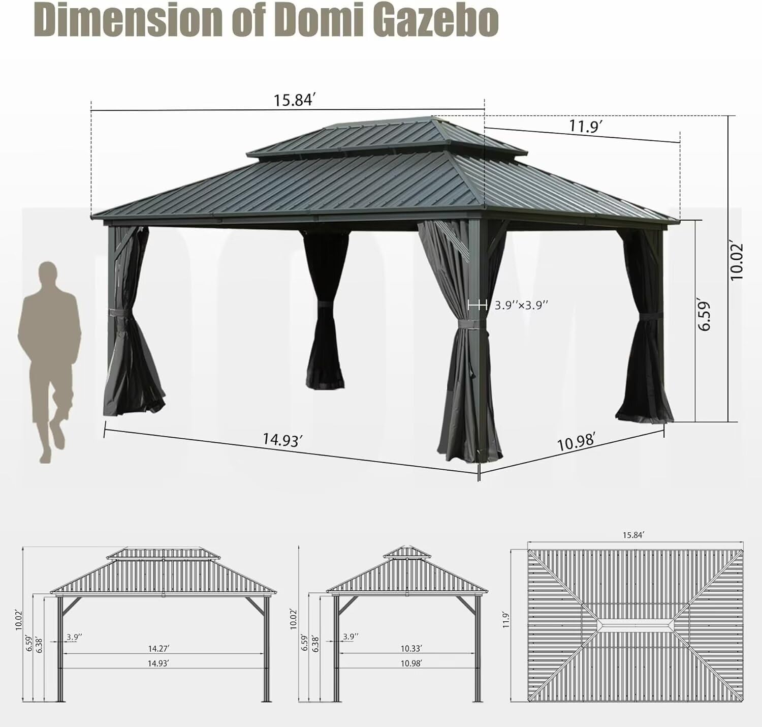 Domi 12’ X 16’ Hardtop Gazebo Canopy with Netting & Curtains, Outdoor Aluminum Gazebo with Galvanized Steel Double Roof for Patio Lawn and Garden, Gray