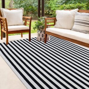 Black and White Striped Outdoor Rug 4'x6' Indoor Outdoor Porch Rug Washable Farmhouse Layered Door Mats Cotton Hand-Woven Welcome Mats Throw Carpet for Entryway/Home Entrance/Patio(4'x6')