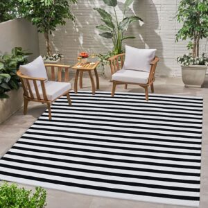 Black and White Striped Outdoor Rug 4'x6' Indoor Outdoor Porch Rug Washable Farmhouse Layered Door Mats Cotton Hand-Woven Welcome Mats Throw Carpet for Entryway/Home Entrance/Patio(4'x6')