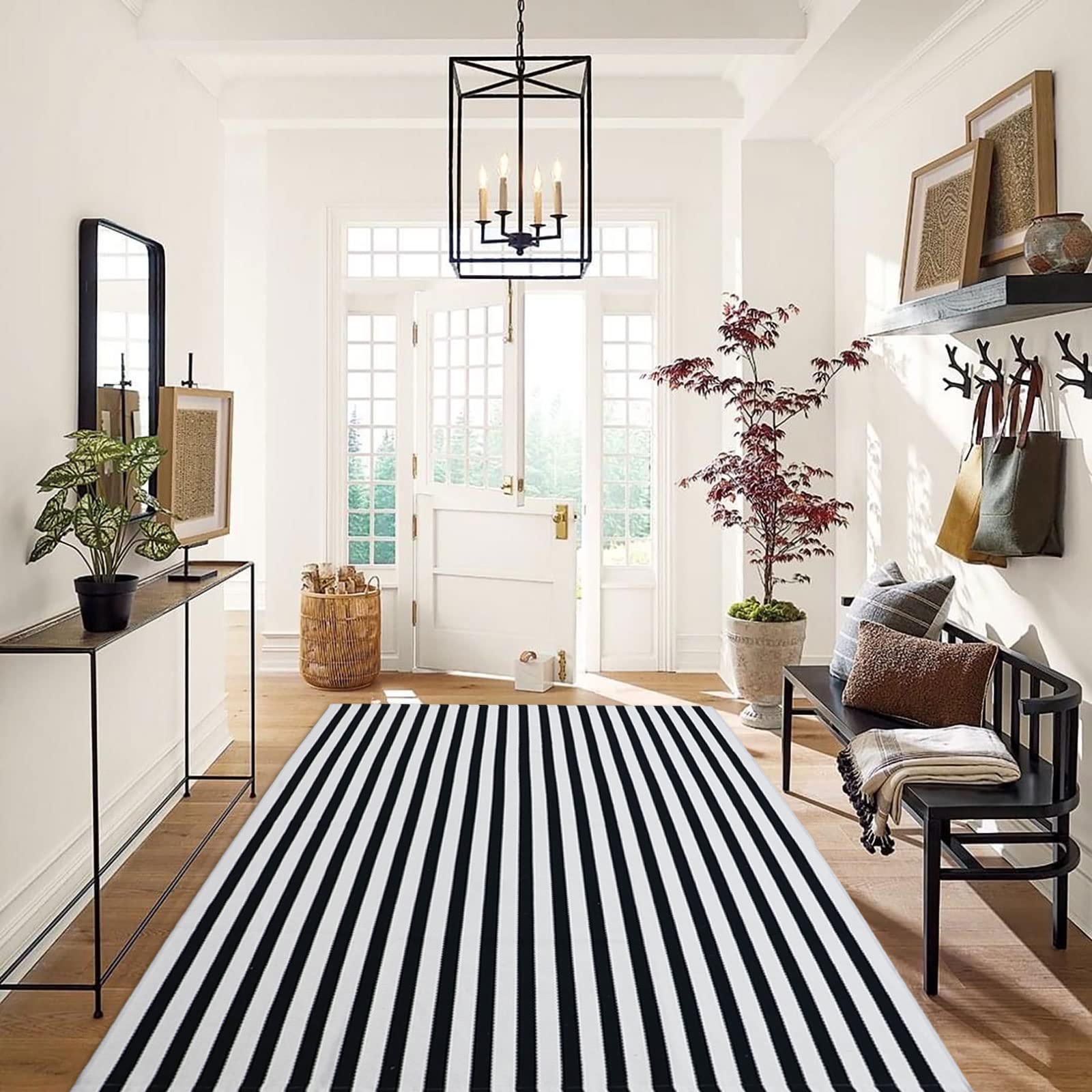 Black and White Striped Outdoor Rug 4'x6' Indoor Outdoor Porch Rug Washable Farmhouse Layered Door Mats Cotton Hand-Woven Welcome Mats Throw Carpet for Entryway/Home Entrance/Patio(4'x6')