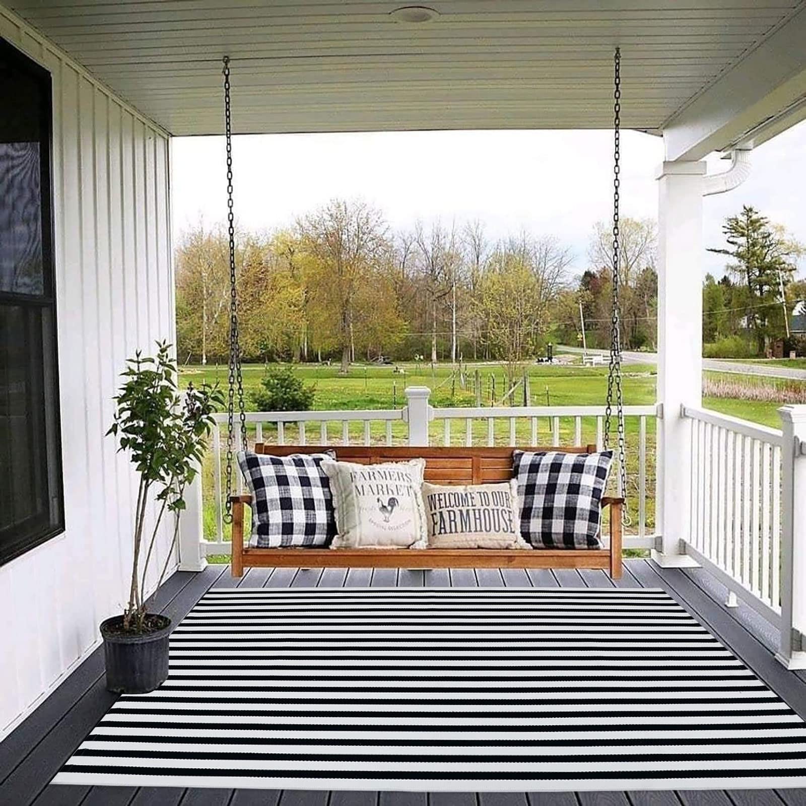 Black and White Striped Outdoor Rug 4'x6' Indoor Outdoor Porch Rug Washable Farmhouse Layered Door Mats Cotton Hand-Woven Welcome Mats Throw Carpet for Entryway/Home Entrance/Patio(4'x6')