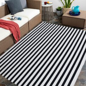 Black and White Striped Outdoor Rug 4'x6' Indoor Outdoor Porch Rug Washable Farmhouse Layered Door Mats Cotton Hand-Woven Welcome Mats Throw Carpet for Entryway/Home Entrance/Patio(4'x6')