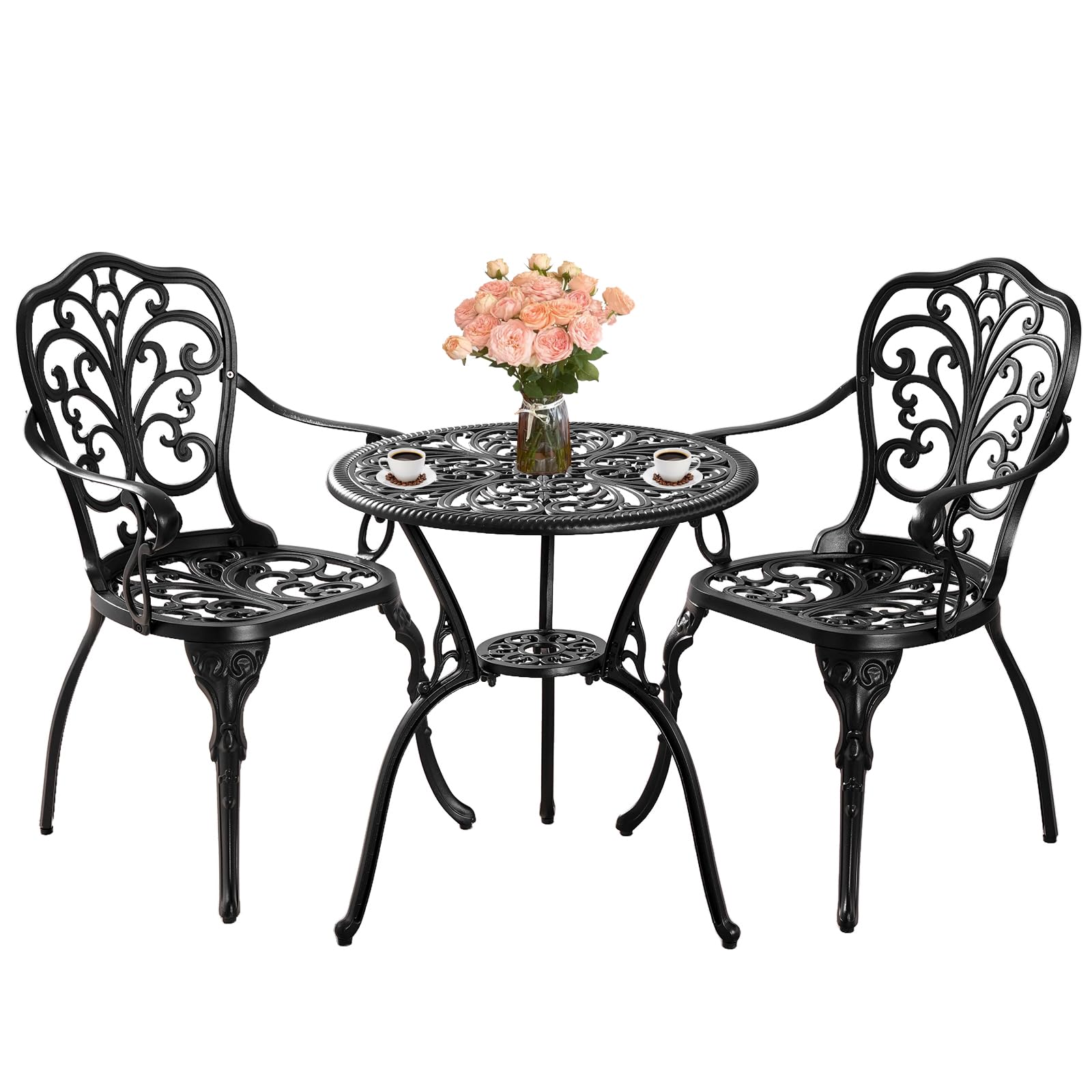 Bistro Set 3 Piece Outdoor Bistro Set, Cast Aluminum Bistro Table Set with Umbrella Hole, Anti Rust Bistro Table and Chairs Set of 2 for Front Porch, Balcony, Bronze