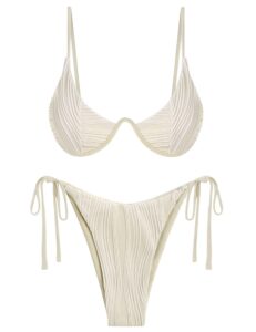 zaful women's sexy bikini sets two piece bathing suit tie side thong adjustable spaghetti strap swimsuits beige m