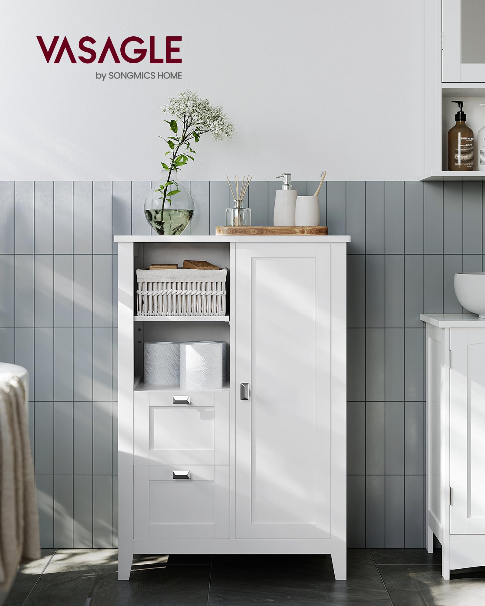 VASAGLE Bathroom Floor Storage Cabinet, Bathroom Cabinet Freestanding, Kitchen Cabinet, with Open Compartment, 2 Drawers, Adjustable Shelves, 11.8 x 21.7 x 31.5 Inches, White UBBC543P31