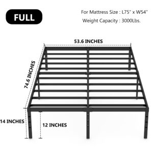 HOBINCHE 14 Inch Metal Full Size Bed Frame No Box Spring Needed - Easy Assembly Heavy Duty Noise Free Narrow Bedframes - Double Black Basic Steel Slats Platform with Storage