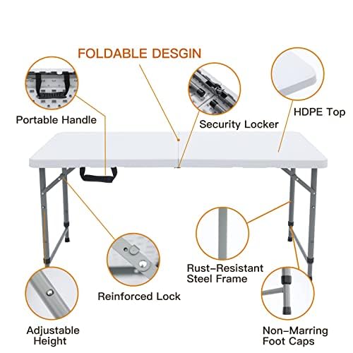 EDEBIBY 4FT 122cz Folding Table Portable Heavy Duty Plastic Fold-in-Half Utility Foldable Table white