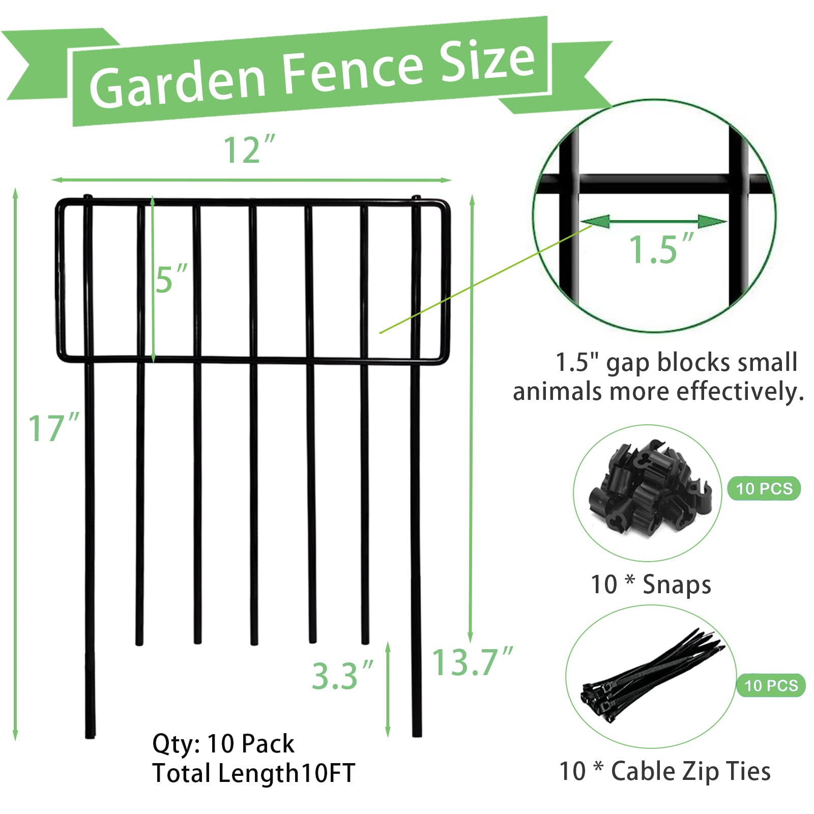 Thrivinest 10 Pack Animal Barrier Fence, No Dig Fence Decorative Fences, 17in(H) x10ft(L) Rustproof Metal Small Garden Fence Border for Dogs Rabbits, Bottom Blocker for Outdoor Yard Patio