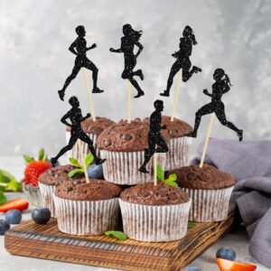 24Pcs Running Cupcake Toppers Black Glitter Sports Fitness Cupcake Picks for Running Theme Boys Girls Birthday Party Cake Decorations Supplies