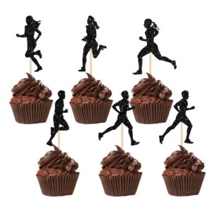 24Pcs Running Cupcake Toppers Black Glitter Sports Fitness Cupcake Picks for Running Theme Boys Girls Birthday Party Cake Decorations Supplies