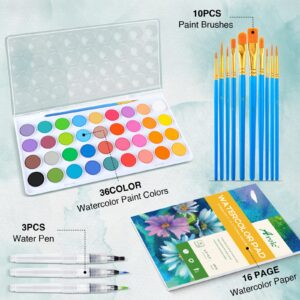 AROIC 65 Pieces Watercolor Paint Set，36 Colors Watercolor，10 Brushes，3 Refillable Water Brush Pens，16 Page Pad（8.5 * 5.5in），Profesional Watercolor Kit for Kids, Adults, Beginners