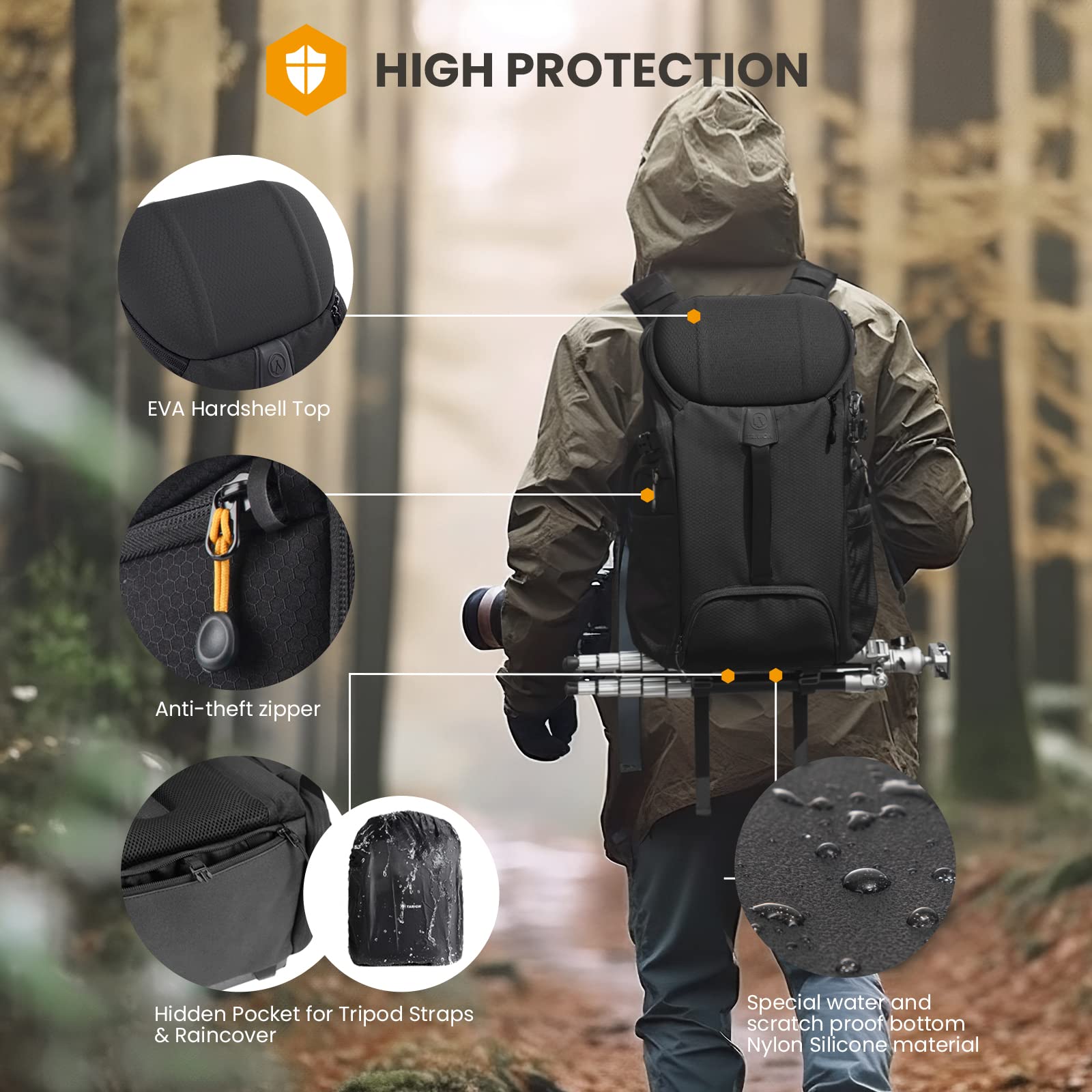 TARION Large Camera Backpack Bag - Large Photo Backpack with 𝐃𝐮𝐚𝐥-𝐒𝐢𝐝𝐞 𝐎𝐩𝐞𝐧𝐢𝐧𝐠 15.6" Laptop Sleeve Waterproof Raincover DSLR Backpack for Outdoor Photography Hiking Travel Black HX-L