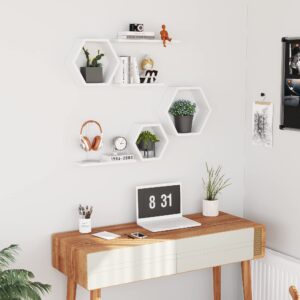 Wooden Hexagon Floating Shelves Wall Mounted - Set of 6 Pine Wood Hexagon Shelves Display for Photos,Plants,Rustic Honeycomb Shelves for Living Room, Bedroom,Bathroom, Kitchen, Office, White.