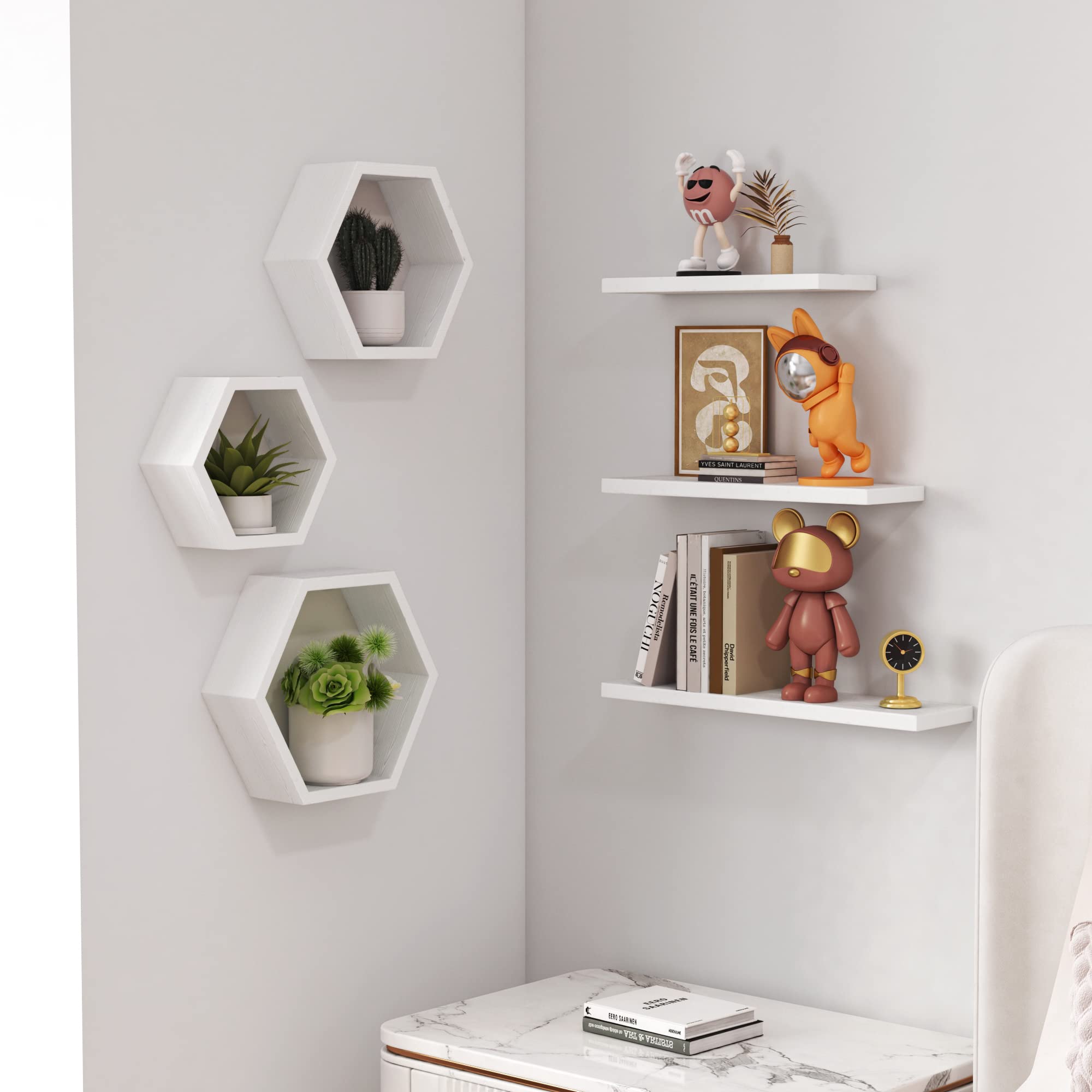 Wooden Hexagon Floating Shelves Wall Mounted - Set of 6 Pine Wood Hexagon Shelves Display for Photos,Plants,Rustic Honeycomb Shelves for Living Room, Bedroom,Bathroom, Kitchen, Office, White.