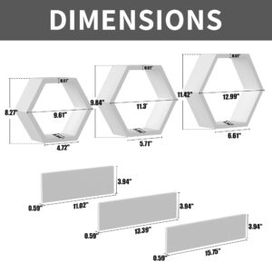 Wooden Hexagon Floating Shelves Wall Mounted - Set of 6 Pine Wood Hexagon Shelves Display for Photos,Plants,Rustic Honeycomb Shelves for Living Room, Bedroom,Bathroom, Kitchen, Office, White.