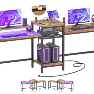 Unikito Double Computer Desk with LED Strip and Power Outlet, 2 Person Desk with Monitor Stand and Storage, Ergonomic Computer Desk with Printer Stand for Home Office, Long Gaming desk, Rustic Brown