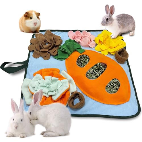 Adpartner Rabbit Foraging Mat Bunny Toys, 20"x20" Rabbit Snuffle Mat Interactive Feeding Game, Washable Bunny Hay Feeder Treat Dispenser Foraging Toys for Rabbits Guinea Pigs Chinchillas Ferrets