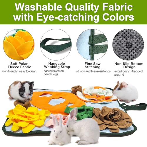 Adpartner Rabbit Foraging Mat Bunny Toys, 20"x20" Rabbit Snuffle Mat Interactive Feeding Game, Washable Bunny Hay Feeder Treat Dispenser Foraging Toys for Rabbits Guinea Pigs Chinchillas Ferrets