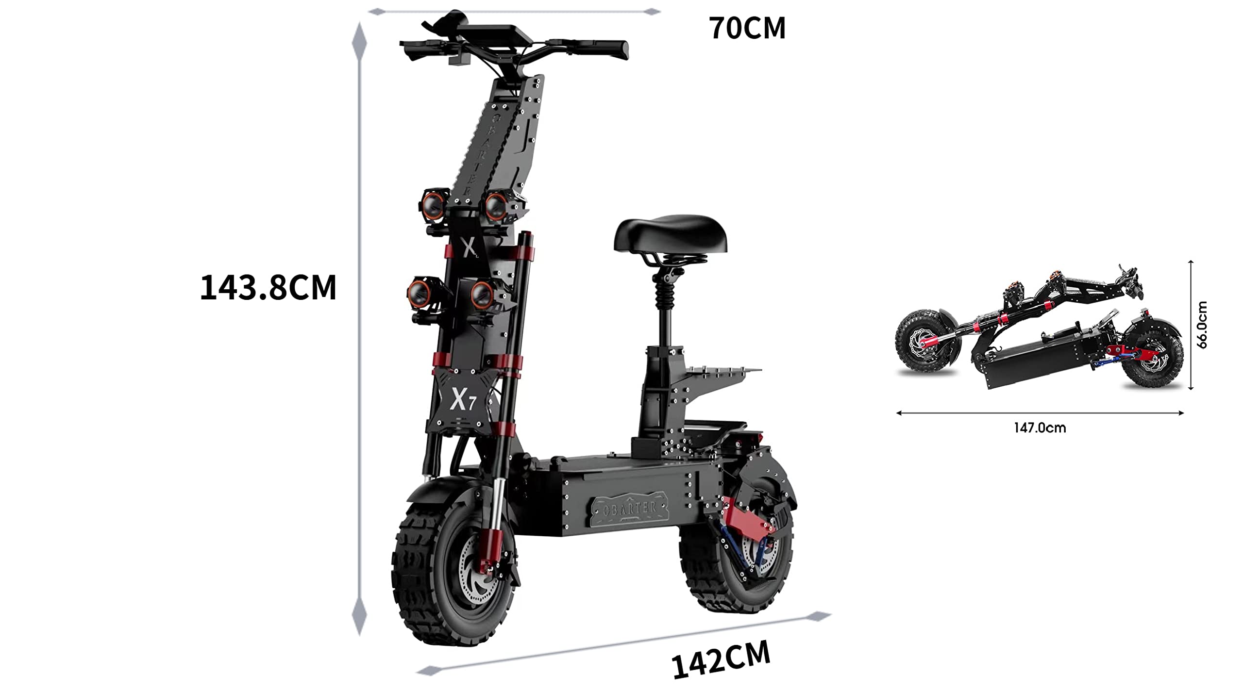 Electric Scooter, Adult high Power Dual Motor Professional Folding Off Road 14inch Fat tire Large Two Wheeled Vehicle,OBARTER X7,8000W 60AH60V,Ideal Condition Speed 56MPH,Range 125 Miles (with seat)