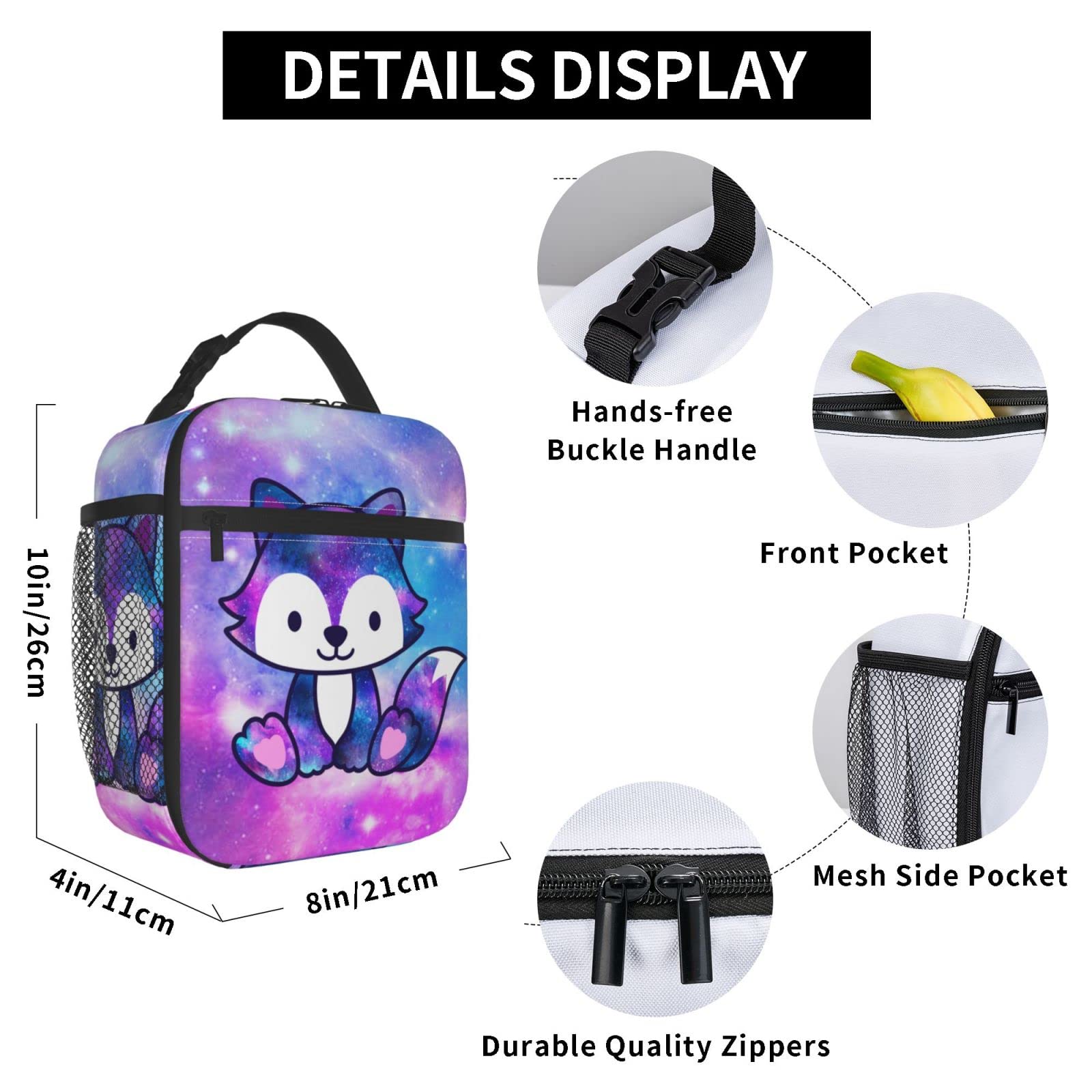 Mrublnel Galaxy Fox Printed Insulated Lunch Box Portable Lunch Bag with Detachable Handle,Reusable Lunchbox for Girls Boys Adults (Mrlunchbag-2302)