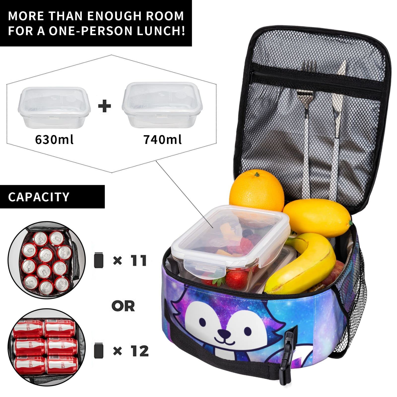 Mrublnel Galaxy Fox Printed Insulated Lunch Box Portable Lunch Bag with Detachable Handle,Reusable Lunchbox for Girls Boys Adults (Mrlunchbag-2302)