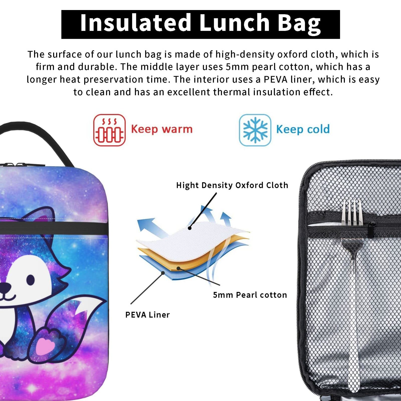 Mrublnel Galaxy Fox Printed Insulated Lunch Box Portable Lunch Bag with Detachable Handle,Reusable Lunchbox for Girls Boys Adults (Mrlunchbag-2302)