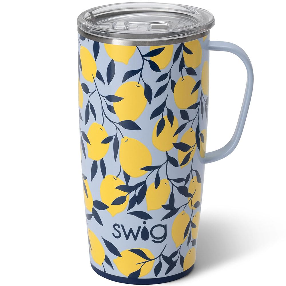 Swig Life 22oz Travel Mug, Insulated Tumbler with Handle and Lid, Travel Coffee Mug, Cup Holder Friendly Travel Mug, Stainless Steel 22 oz Tumbler, Reusable Insulated Tumbler with Lid (Limoncello)