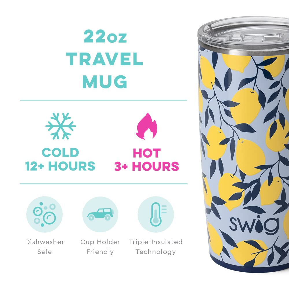 Swig Life 22oz Travel Mug, Insulated Tumbler with Handle and Lid, Travel Coffee Mug, Cup Holder Friendly Travel Mug, Stainless Steel 22 oz Tumbler, Reusable Insulated Tumbler with Lid (Limoncello)