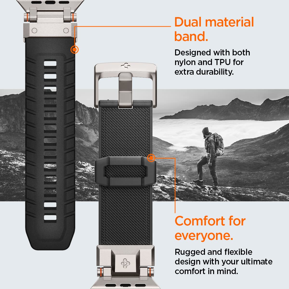 Spigen DuraPro Armor Designed for Apple Watch Band for Apple Watch Ultra2/Apple Watch Ultra 49mm, Series 9/8/SE2/7/6/SE/5/4/3/2/1 45mm/44mm/42mm Durable Metal Connector Band - Fabric Black