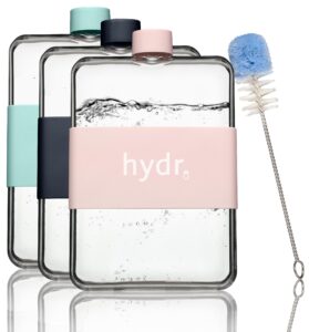 hydr | 15oz flat water bottle for purse & flexible cleaning brush | bpa free square water bottle | leak/drop proof slim water bottles for travel, small water bottle