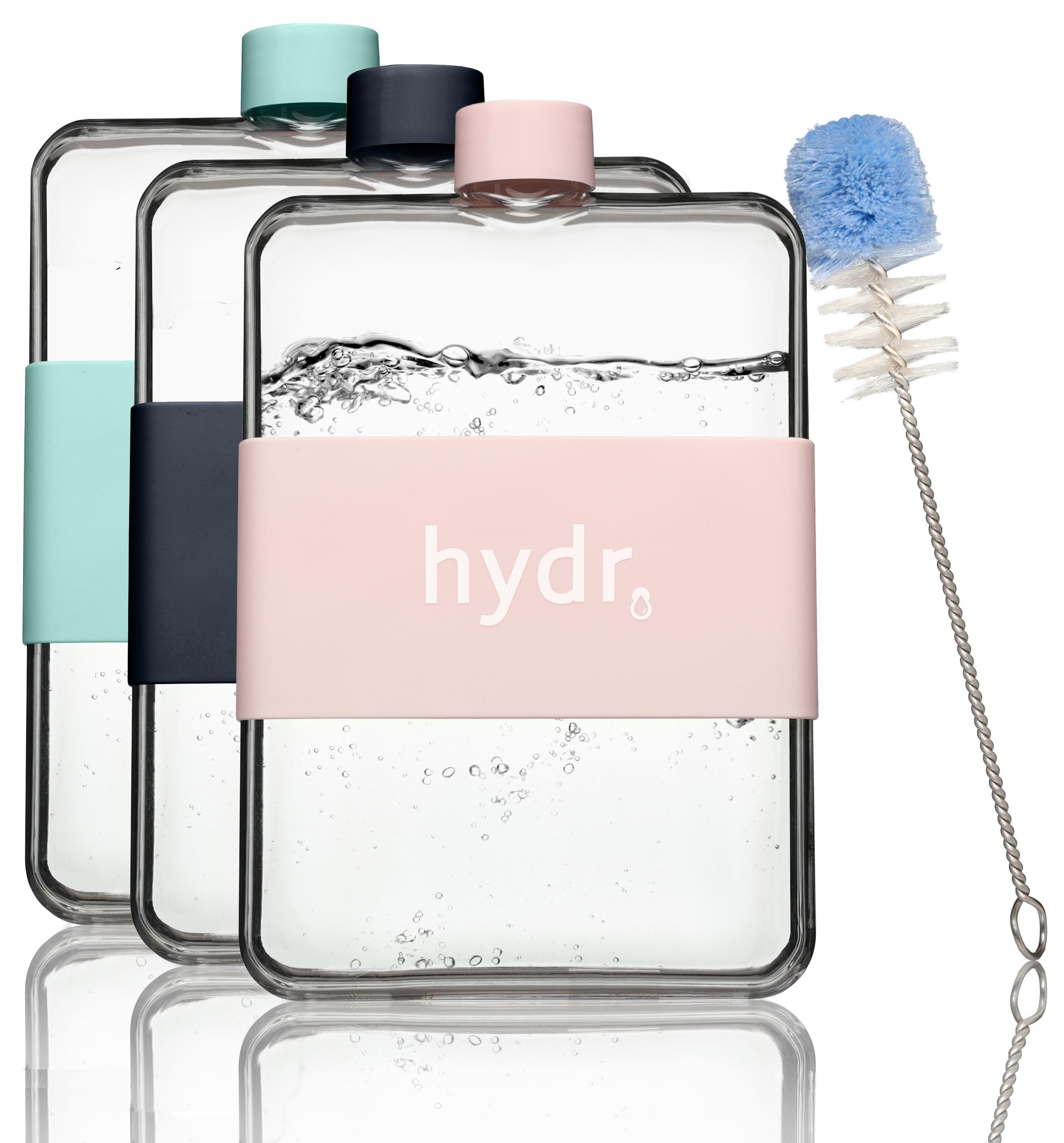 hydr | 15oz Flat Water Bottle For Purse & Flexible Cleaning Brush | BPA Free Square Water Bottle | Leak/Drop Proof Slim Water Bottles For Travel, small water bottle